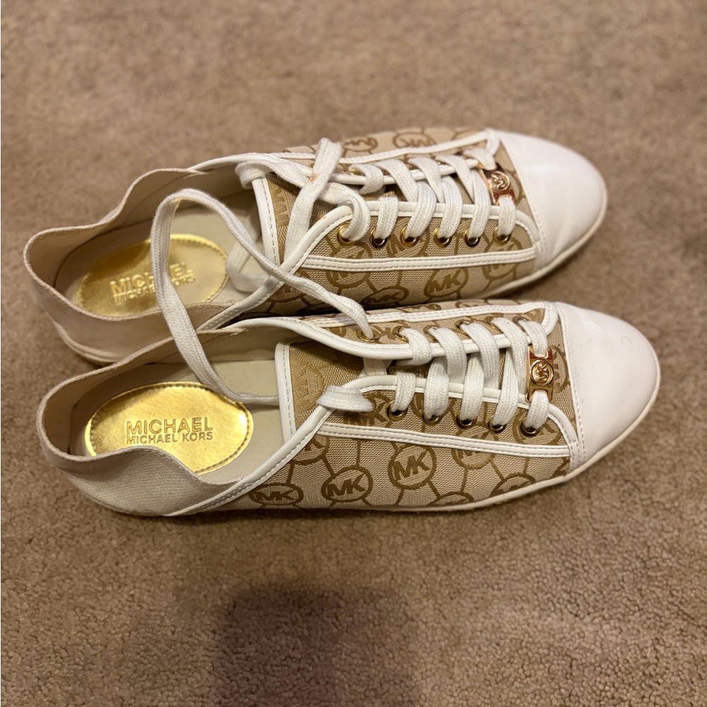 Michael Kors Tan Logo Canvas Sneakers with White Accents